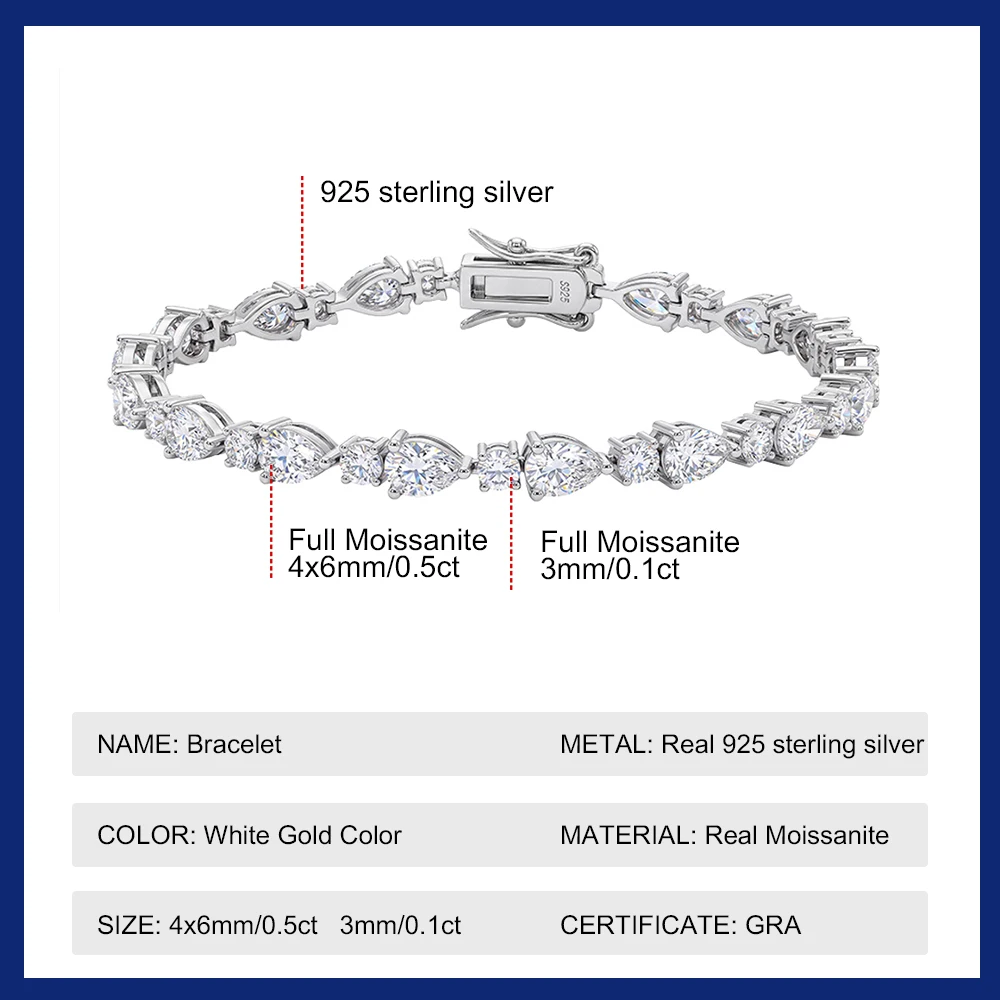 Waterdrop Moissanite Tennis Bracelet 4x6mm Pear Cut & 3mm Round S925 Sterling Silver Diamond Tester Passed Bracelet for Women