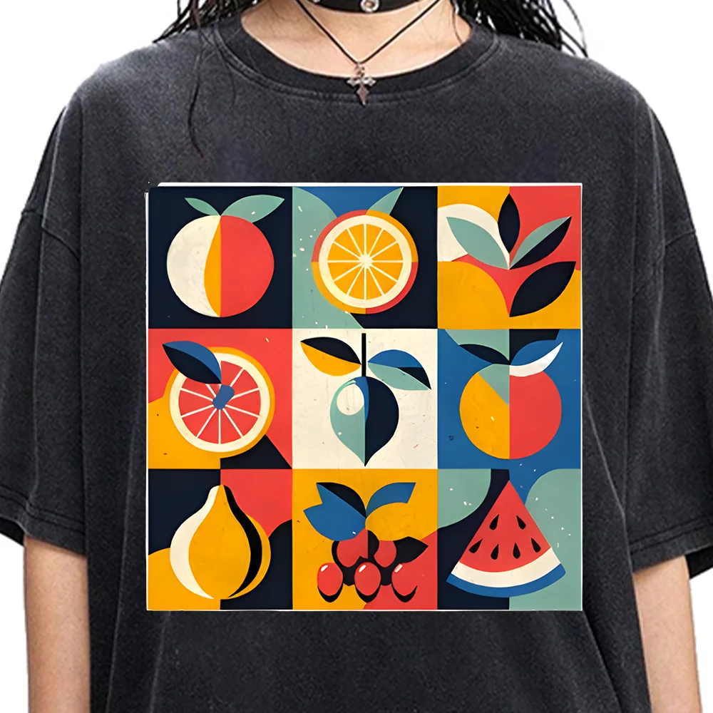 

Футболка с фруктовой сеткой, выцветшая стираная черная футболка с красочным фруктовым узором и принтом, повседневная свободная футболка с короткими рукавами, яркий дизайн, удобный топ
