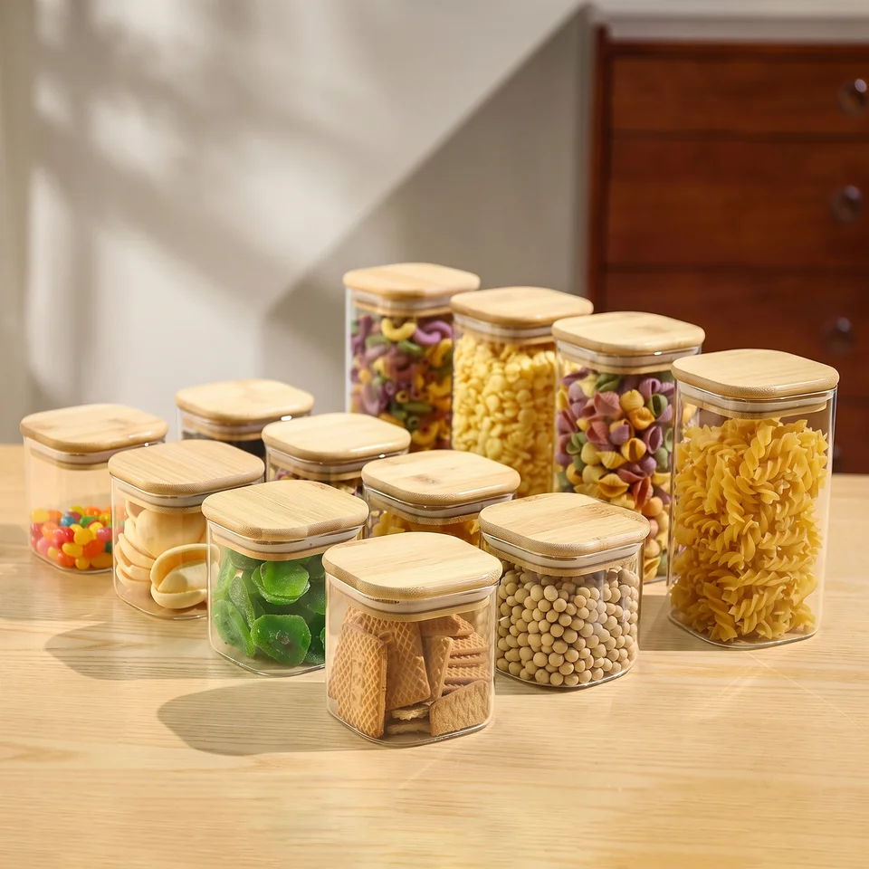 Square Glass Spice Jar Set with Bamboo Lids