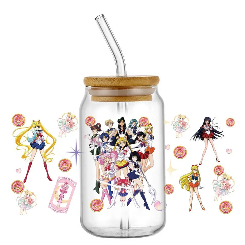 Miniso New SAILOR MOON serie giapponese decalcomanie fai da te trasferimenti 3D adesivi in cristallo uvdtf 16oz uv dtf cup wraps per occhiali Libbey