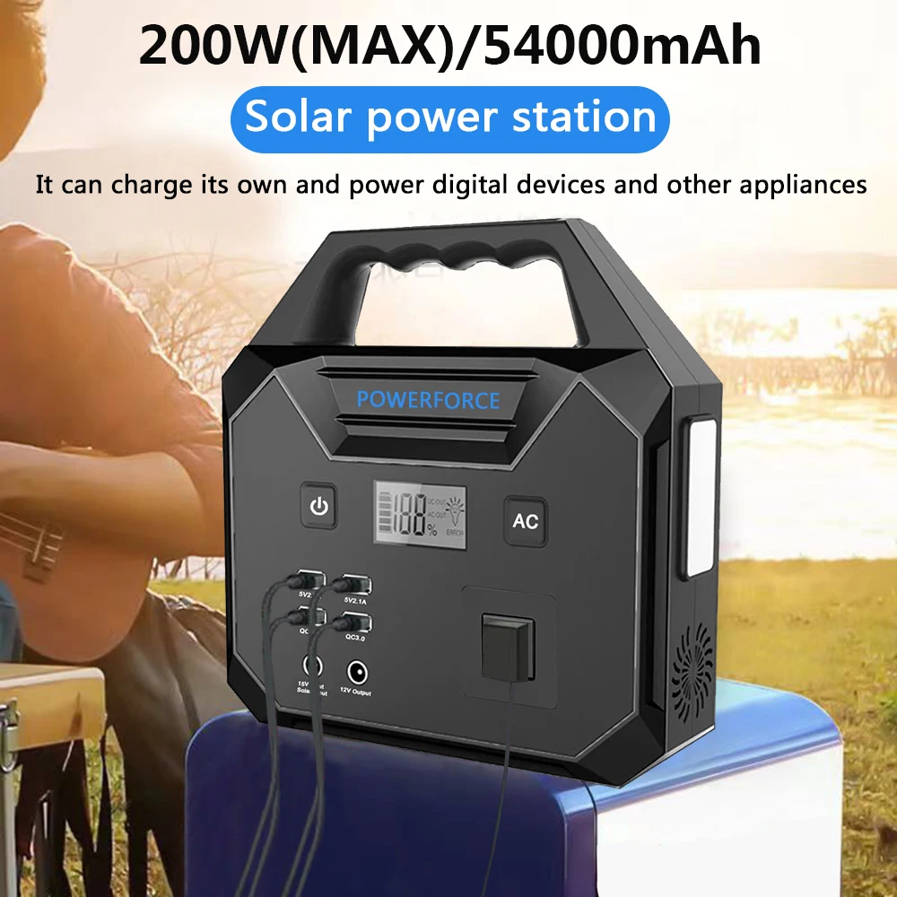 Solar Power Station 200W 3.7V Polymer Llithium Battery Mini Portable Generator With 2 QC3.0 and 1 AC Output Power Bank 54000mAh