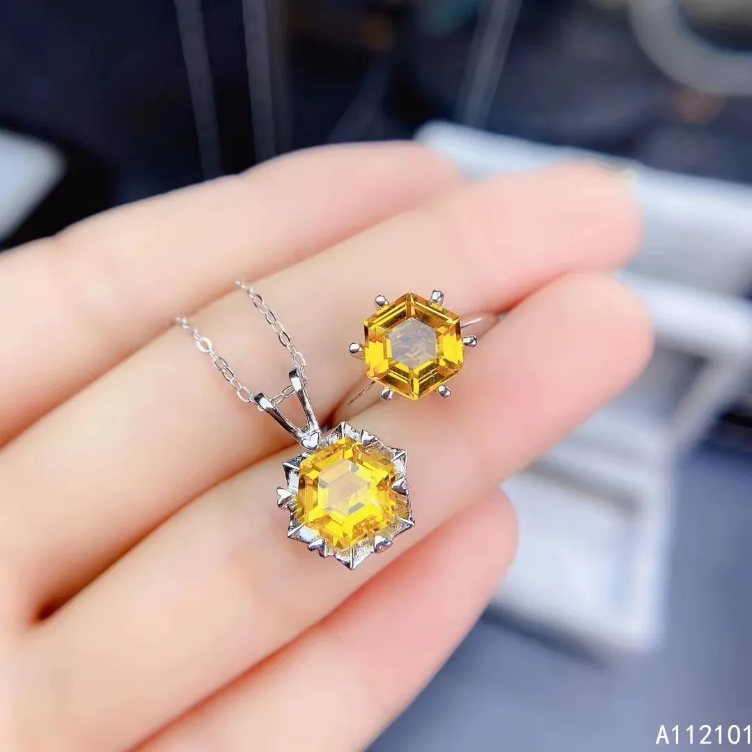 

Jewelry 925 Pure Silver Inlaid with Natural Yellow Crystal Gems Women's Pendant Ring Set Party Birthday Christmas Gift Round
