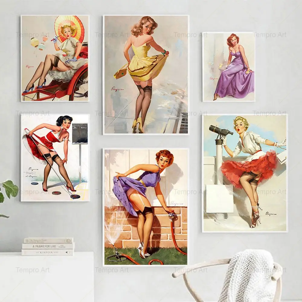 Vintage Funny Pin Up Girl Poster Sexy Woman Lift The Skirt Canvas Painting Prints Wall Art Pictures Bar Living Room Home Decor