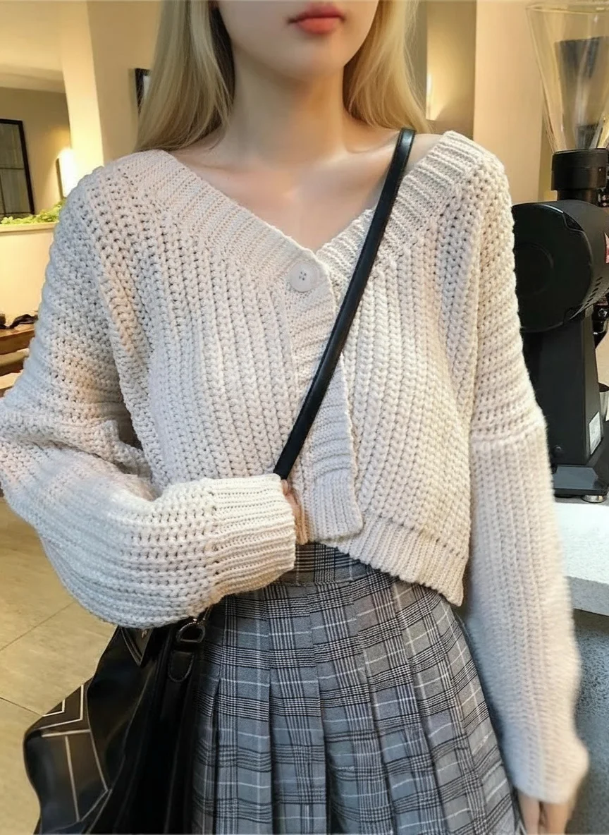 

new gentle and laid-back style loose knitted sweater for women,solid color V-neck knitted cardigan short sweater