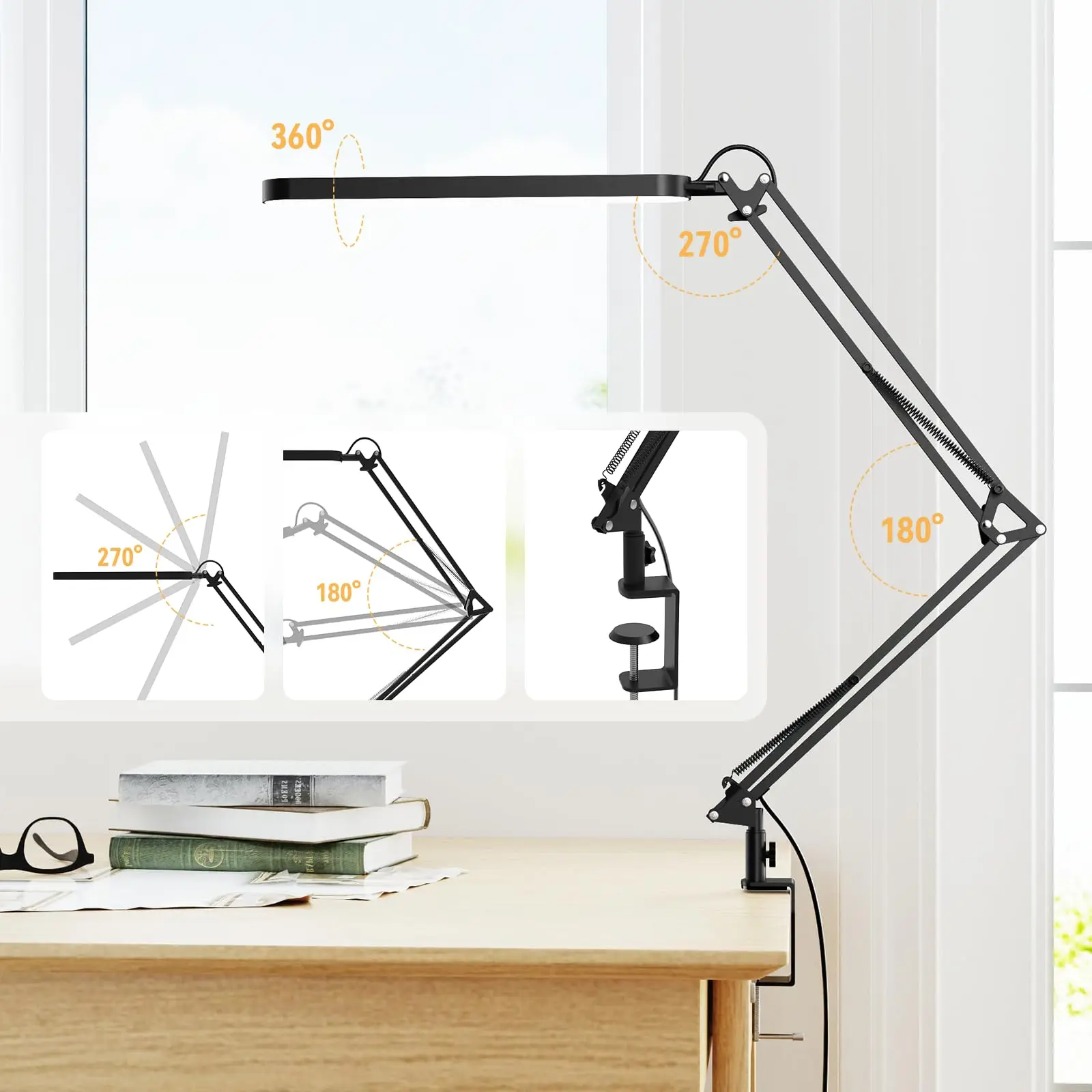 LED Desk Lamp Long Arm Foldable Clamp Adjustable Eye Caring Light with 3 Color Modes Dimmable for Reading Study and Office Work