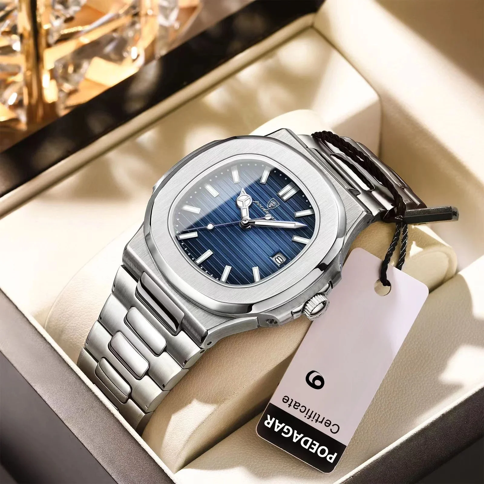 POEDAGAR Vierkant Luxe Herenpolshorloge Waterdicht Lichtgevende Datum Roestvrij Staal Mannelijke Klok Zakelijke Sport Quartz Horloges Voor Mannen - afbeelding 2