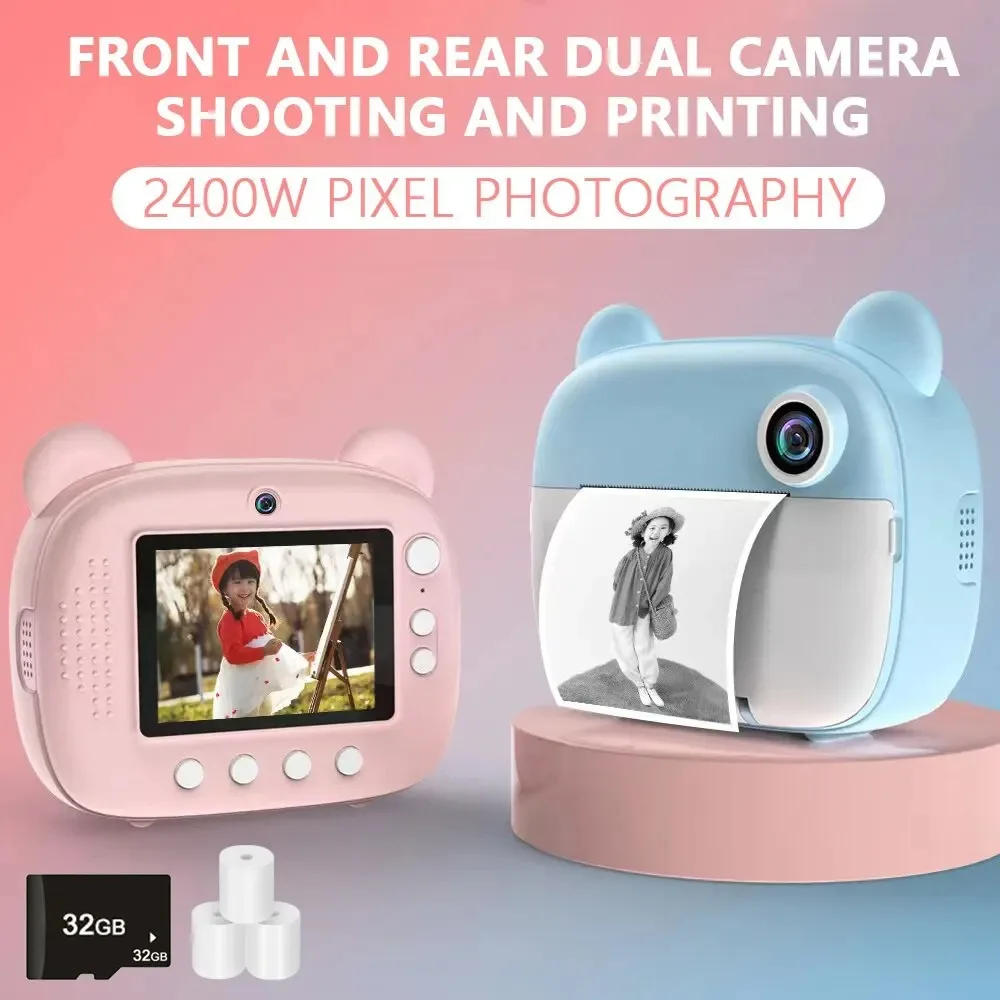 

Children Mini Digital Camera Photo Instant Print Photography Video Camera Thermal Printer 32G Memory Card Educational Toys Gifts