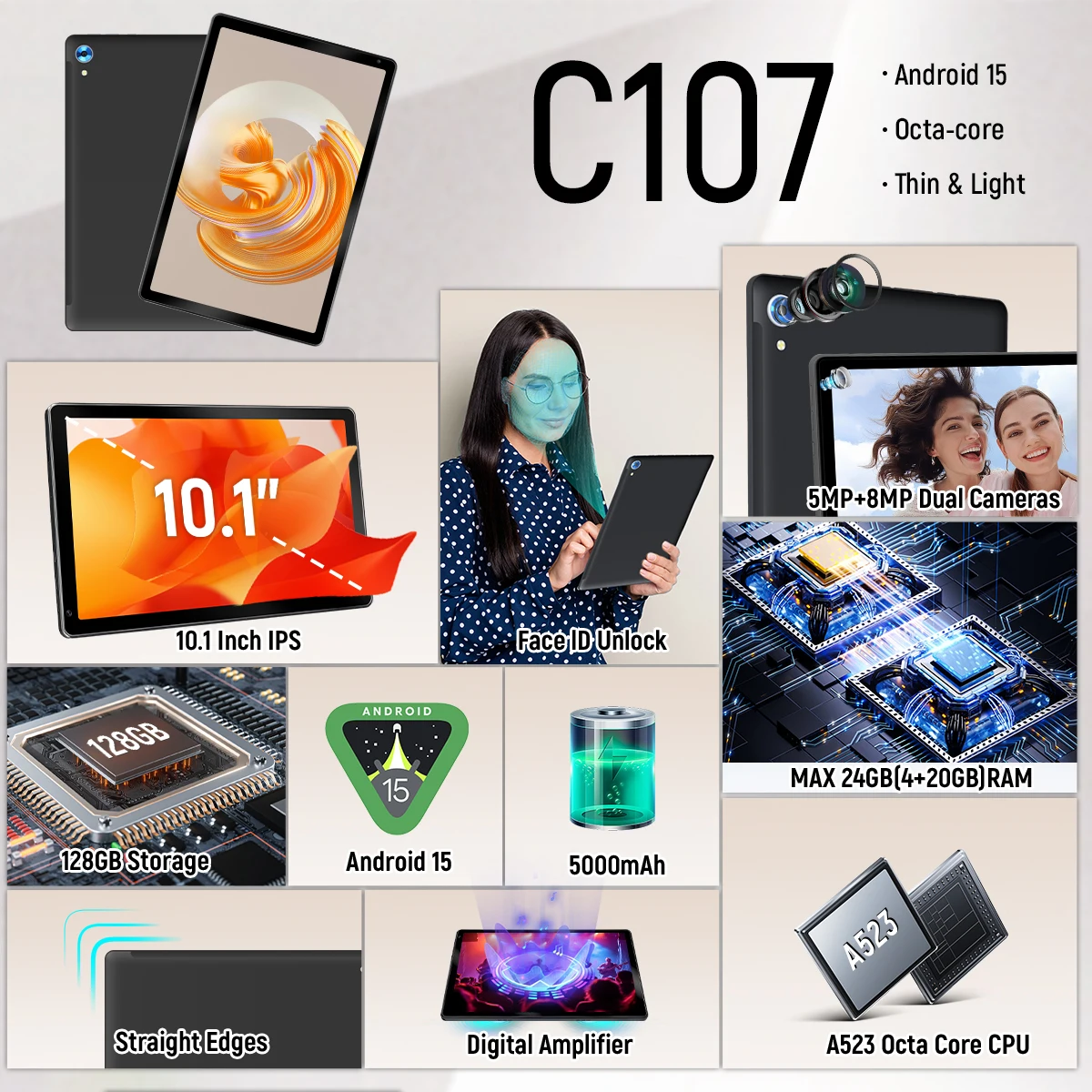 AEEZO 10.1인치 안드로이드 15 태블릿 A523 옥타코어 24GB+128GB/1TB 확장 1280x800 HD IPS 디스플레이 Wi-Fi6 5000mAh 배터리