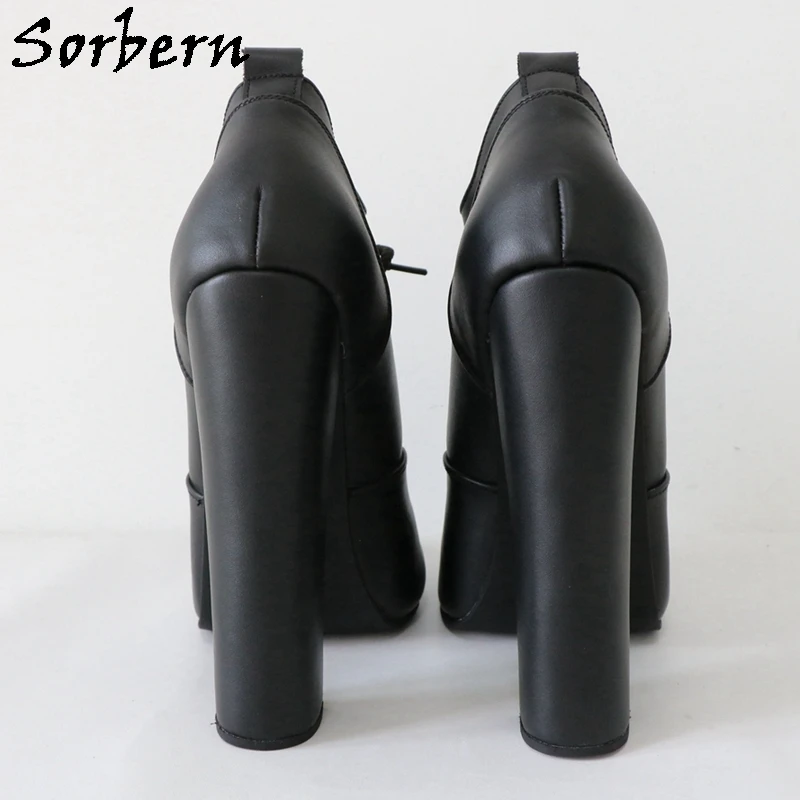 Sorbern Real Leather Pump Shoe Unisex Block High Heel Round Toe Lace Up Fetish Chunky Heeled Black 16Cm Shoe Custom Colors