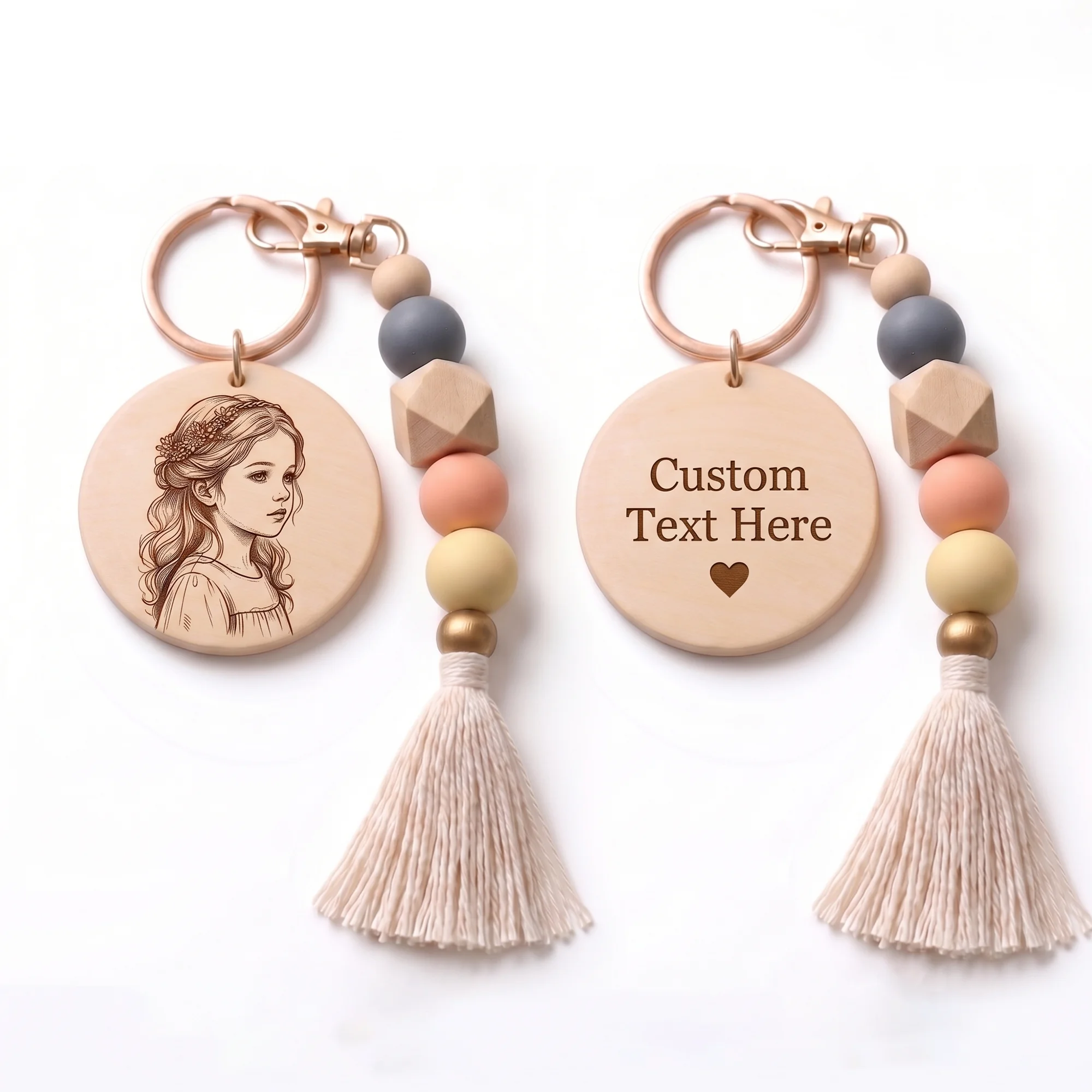 Personalized Photo Keychain Custom Wood Bead Tassel Bag Charm Laser Engraved Portrait Key Ring Name Gift for Women Mom Couple