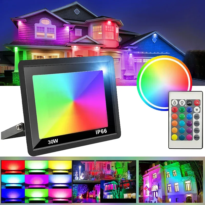 

RGB LED Floodlight Color LED Spotlight with Remote Outdoor IP66 Waterproof Wall Spotlight Festival Landscape Decorative Lights