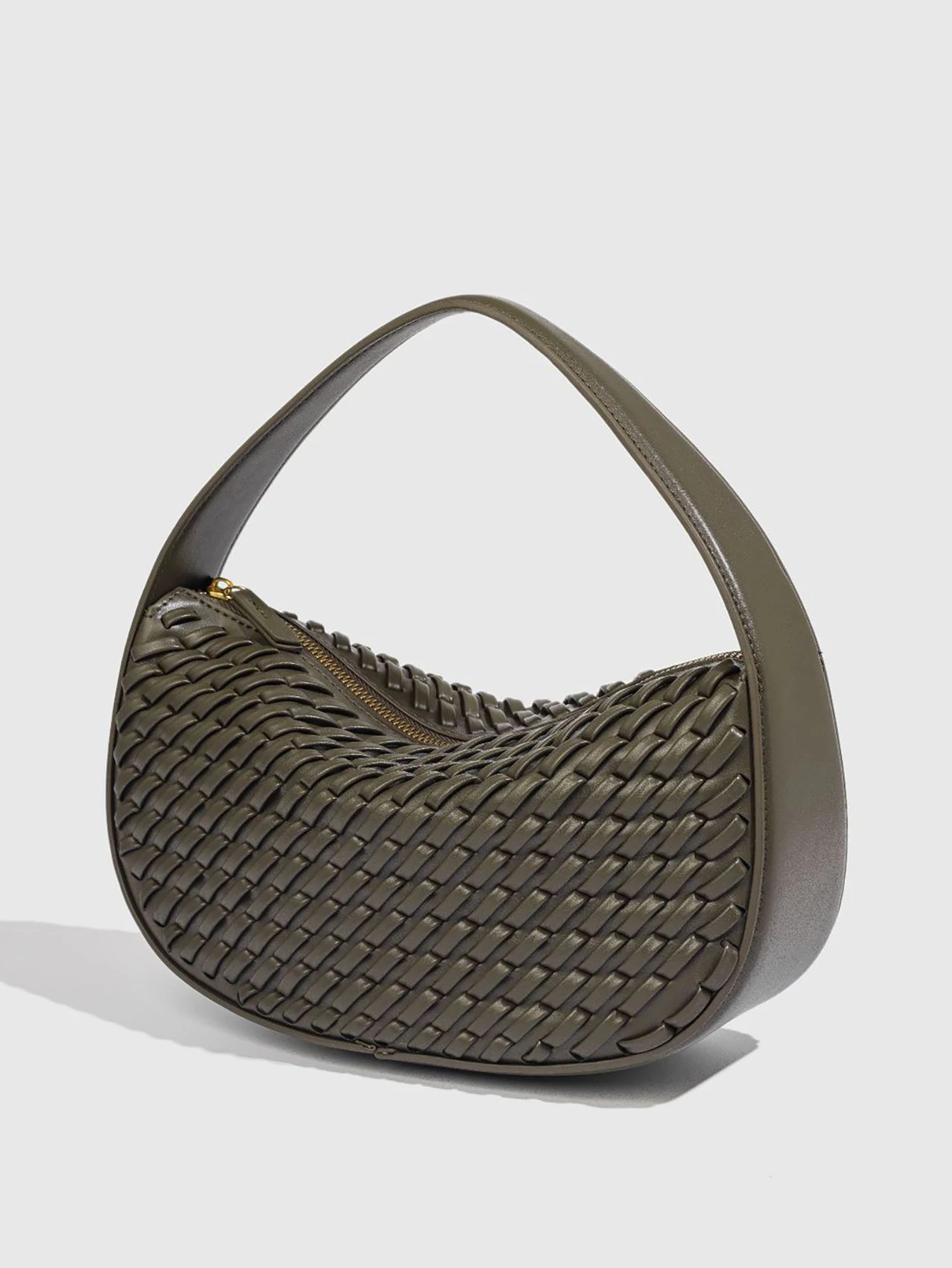 

PU leather woven bag minimalist modern style small handbag women's hand-woven half-moon bag top handle wrist armpit shoulder bag