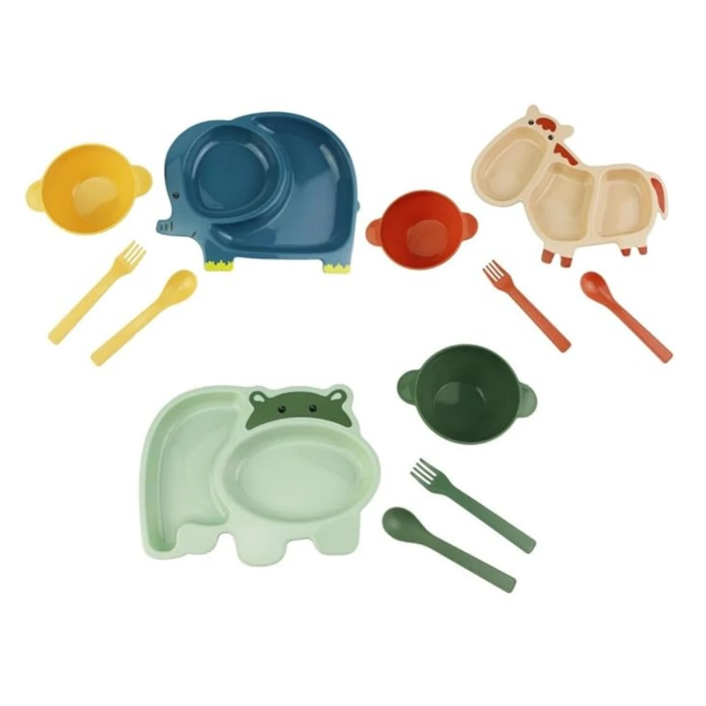 Kit Refeição Introdução Alimentar Infantil Completo Prato Tigela Talheres Animais 4pcs