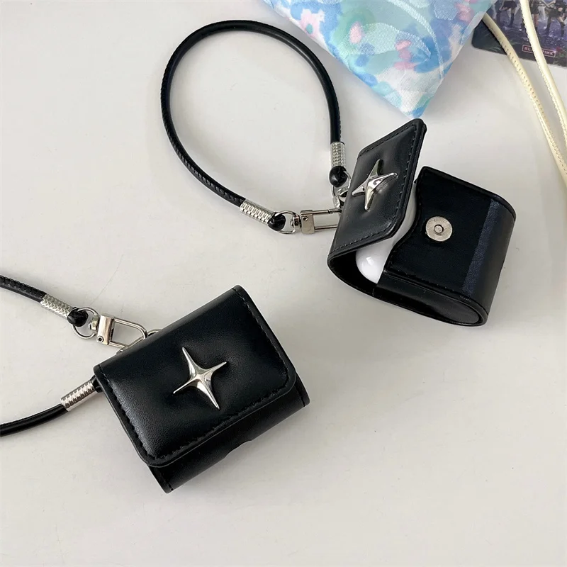 

Luxury Metal Star Leather Earphone Case For Apple Airpods 4 3 Pro 2 Cover Cute Headphone Charging Cases for Airpod Pro2 Gen Bag