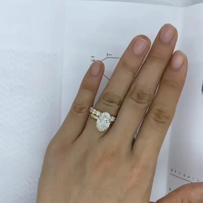 Zestawy pierścionków z 14-karatowego żółtego złota owalny krój 4CT DEF Lab Grown Diamond Engagement Ring CVD HPHT Lab Diamond Engagement Ring Halo Rings IGI — zdjęcie 2