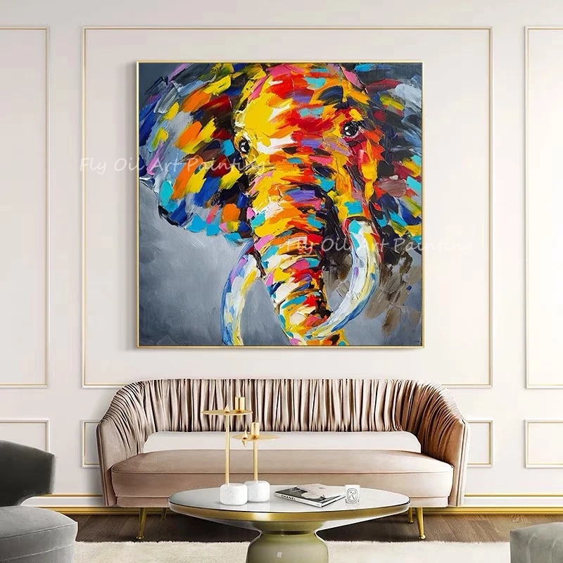 

100% Handmade colorful elehphant animal thick square picture high quality Oil Painting Porch Aisle For Living Room Artwork