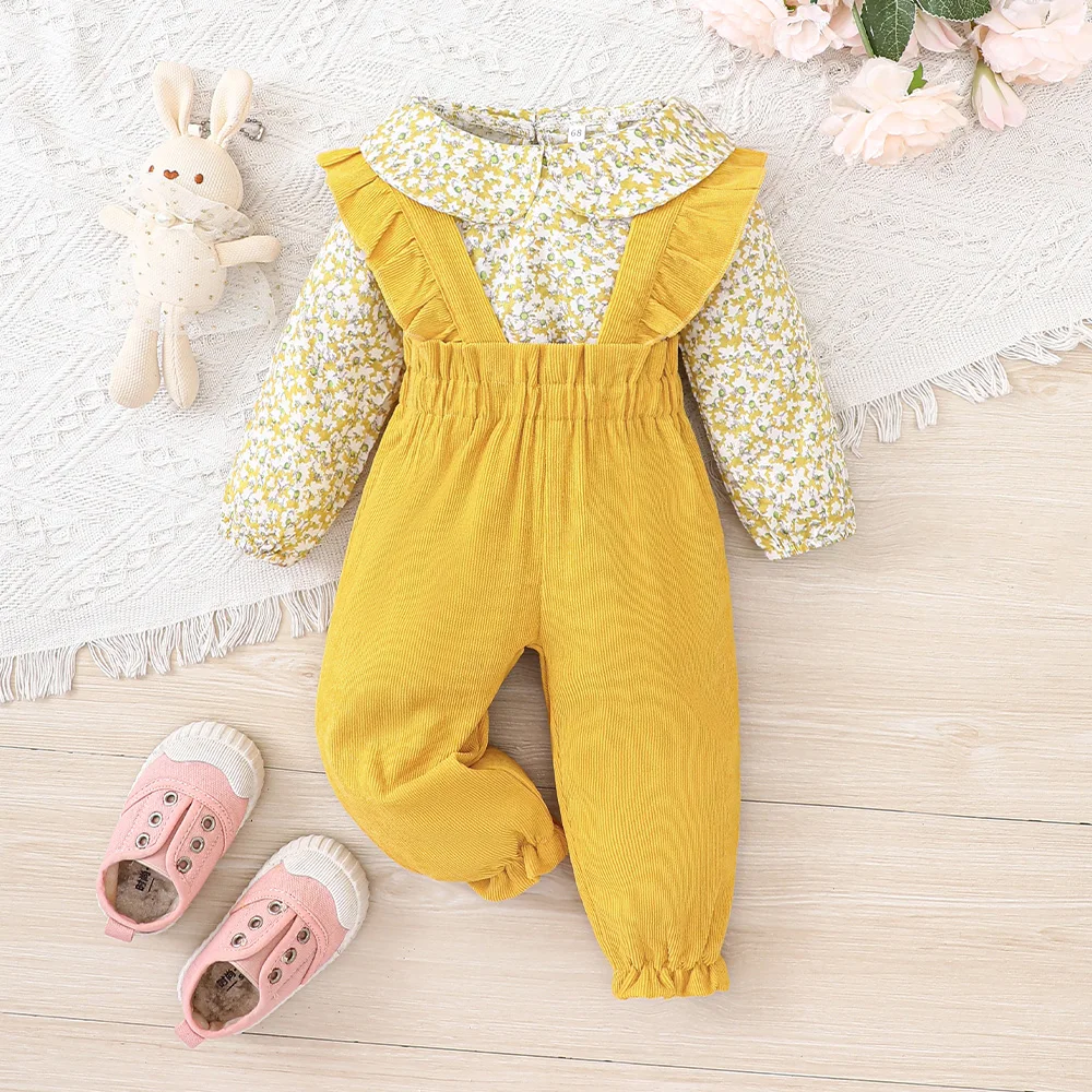 Yellow Baby Dungaree Set Toddler Baby Girl Kids Ruffles Tops + Overalls Pants Autumn Outfits