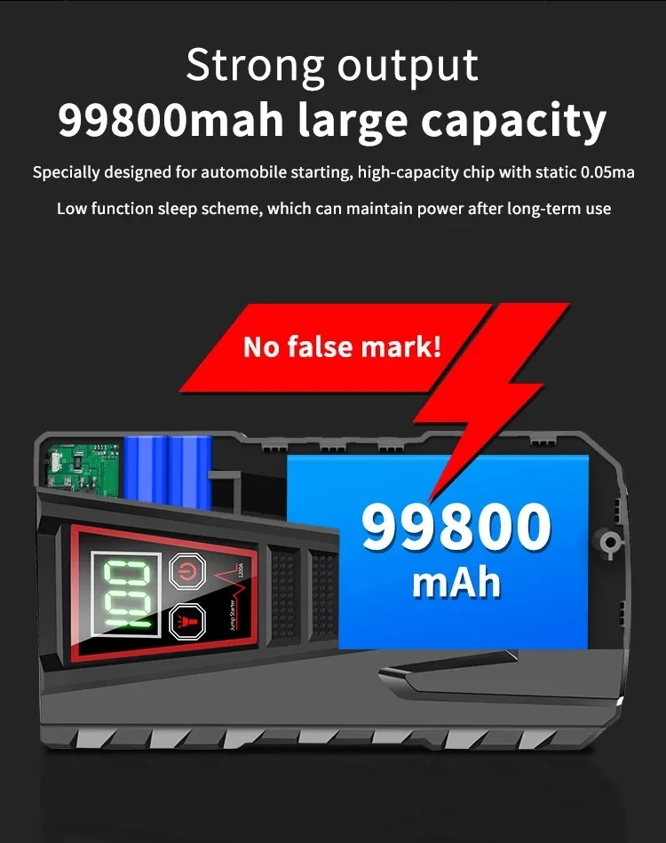 99800mAh Portable Car Jump Starter Peak 5000A Power Bank Charger 12V Auto Starting Device Petrol Diesel Car Emergency Battery