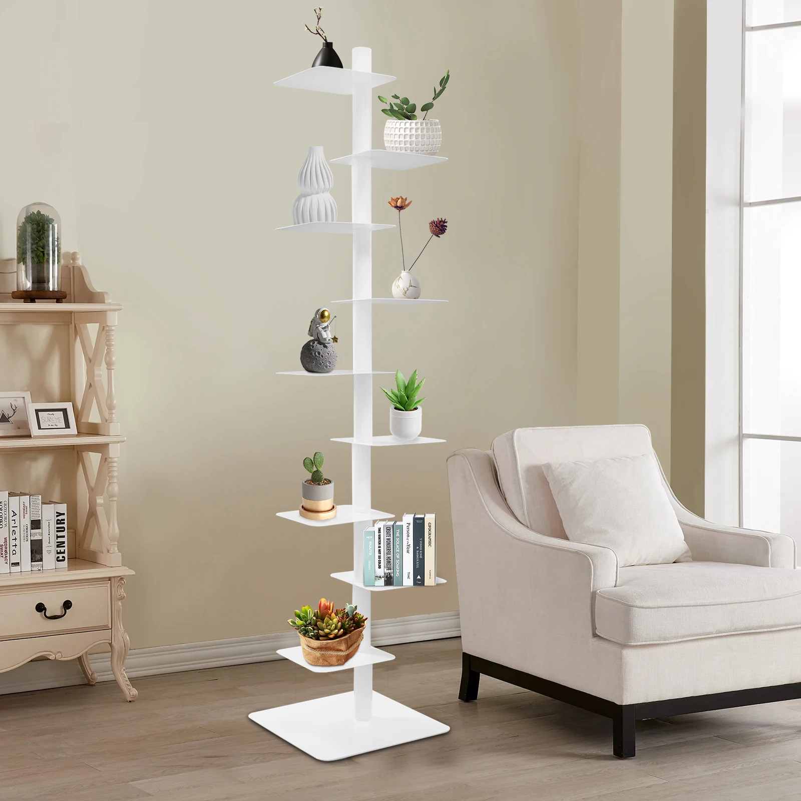 9-Tier 360 ° رف كتب دوار للعمود الفقري باللون الأبيض العمودي لبرج الكتب المعدني مع إطار مفتوح، تخفيضات كبيرة