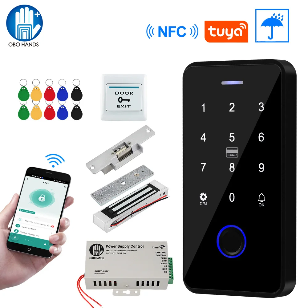 Bluetooth Tuya APP Door Access Control System Kit Waterproof RFID Keypad NFC Fingerprint, 180KG Electric Magnetic Strike Locks