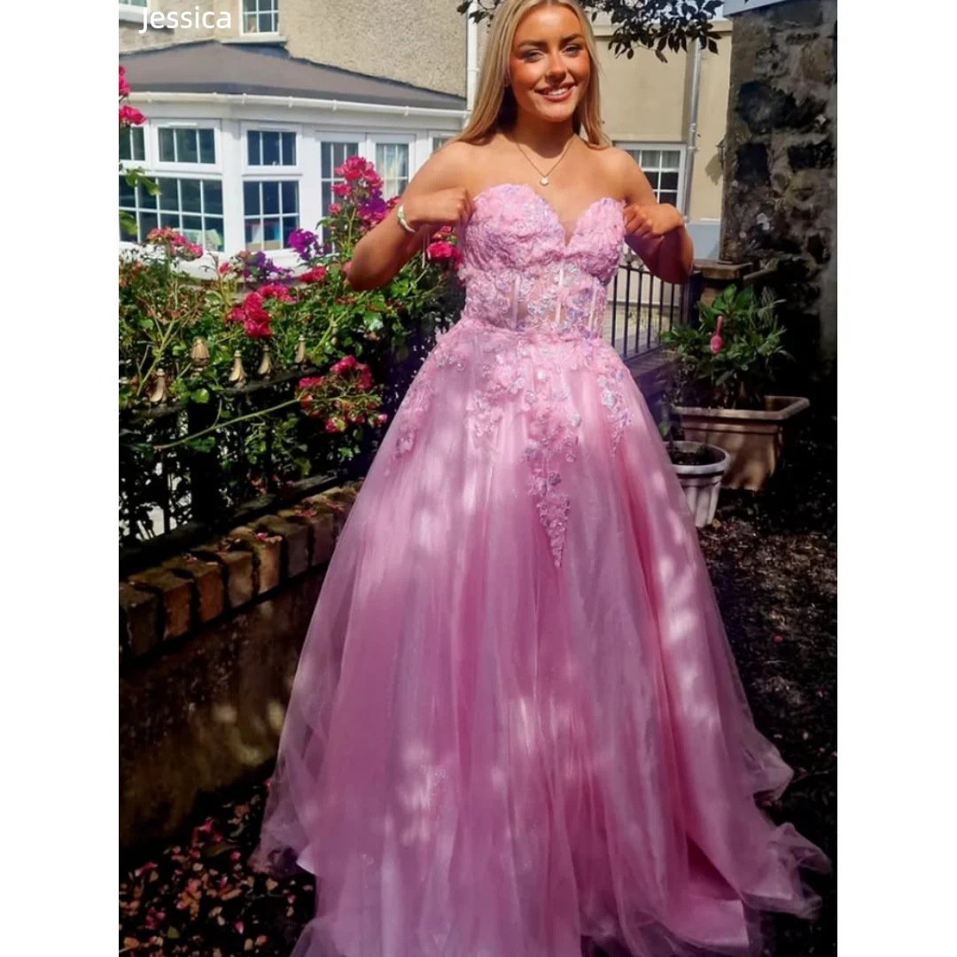 

Jessica Glamorous Pink Evening Dresses Sexy Off-the-Shoulder Prom Dresses Tulle and Lace Embroidered Princess Party Dresses