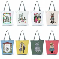 Kawaii Cartoon Lady Shoulder Bags Cute Cat Girl Print Handbags High Capacity Outdoor Travel Shopping Bags Foldable Female Bag