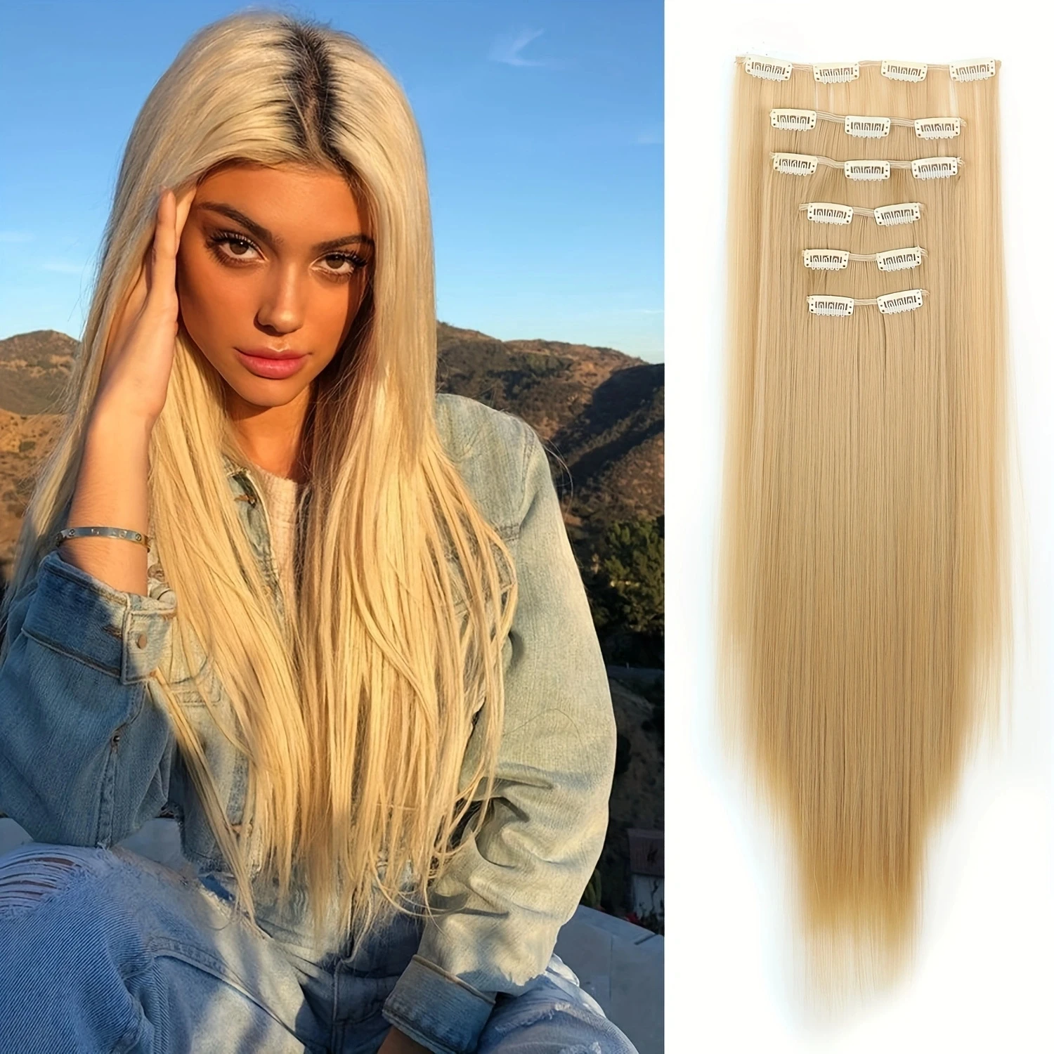 24Inchs 16 Clips inSynthetic Hair Extensions Long Straight Hairstyle  Blonde Black Hairpieces Heat Resistant False Hair