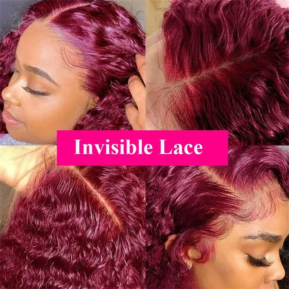 Perruque Bob Lace Wig Naturelle Bouclée, Cheveux Courts, Couleur Rouge Bordeaux 99J, 13x4, Deep Wave