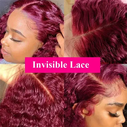 Imagen 2 del producto Pelucas Bob corto de onda profunda Borgoña 99J, peluca de cabello humano 100%, peluca rizada de agua, cabello de bebé, peluca Bob de cabello humano frontal de encaje 13x4 para mujeres