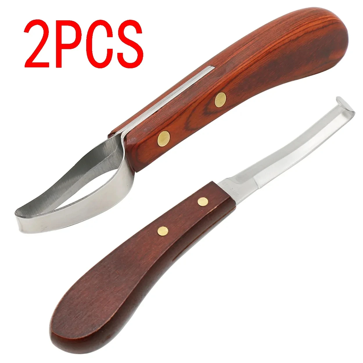 2 Pcs Horseshoe Knife With Wooden Handle Stainless Steel Double-edged & Ring-shaped Blades Cattle Sheep Hoof Trimming Tools