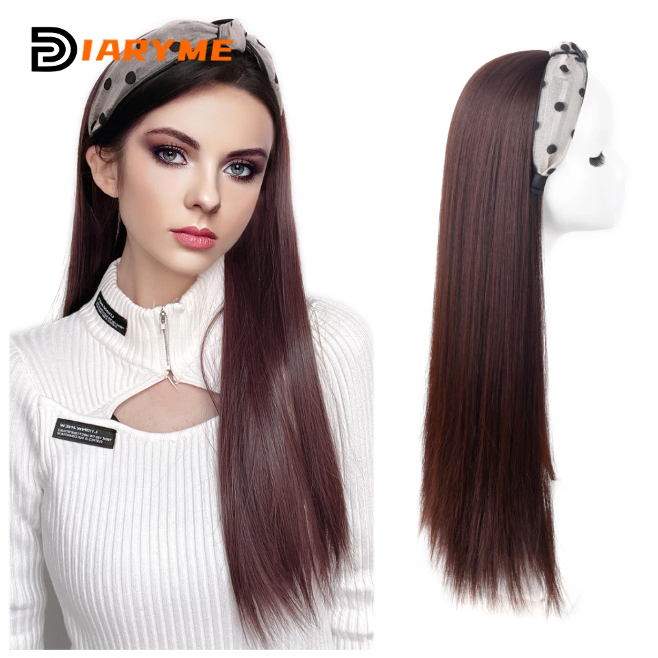 DM Headband Wig Hair Extension Synthetic Long Straight Hair With Hair Band Black Brown Wigs For Women U-shaped Half Head Wig