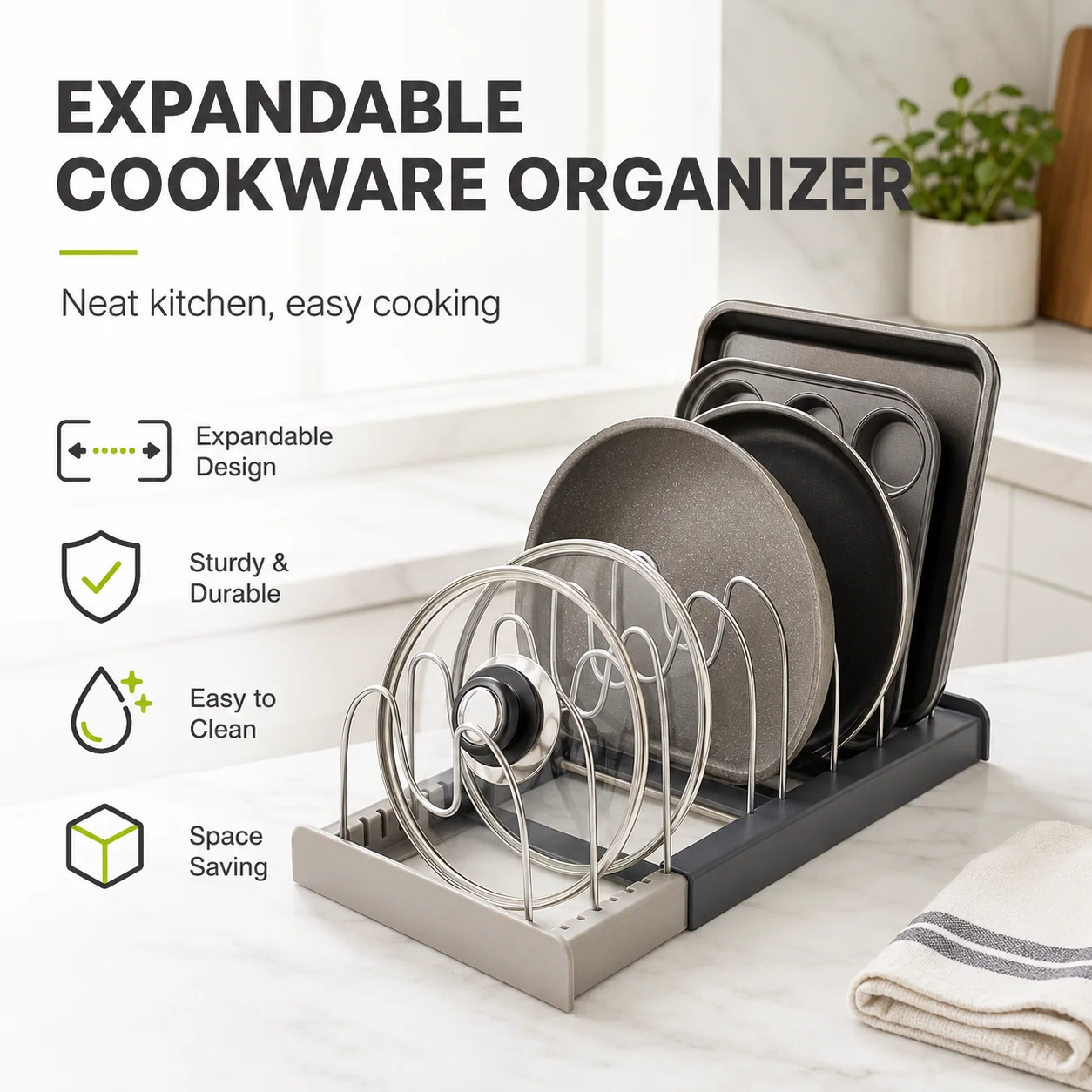 キャビネット内用パン蓋オーガナイザー、拡張可能12~22イン - Kitchen Cabinet Baking Organizer のレビューと価格