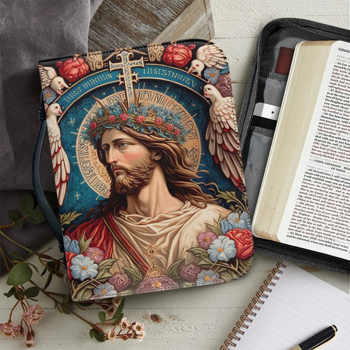 

2023 Fashion Jesus Bless God Bible Cover Flower Bird Pattern Bible Tote Bag Practical Bible Protector Holder for Women Church