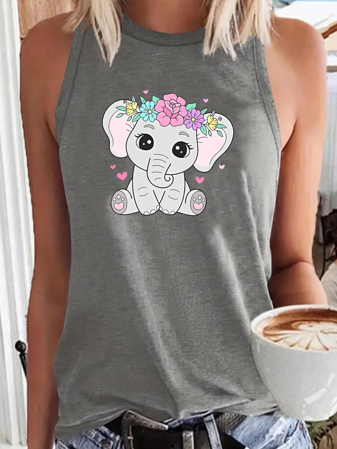 Cute Love African Elephant Flower Bush Fashion Funny Sports Women's Tank Top Loose O Neck Sleeveless Casual Tank