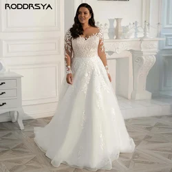 RODDRSYA Plus Kích Thước Áo Cưới Tay Dài Thanh Lịch Phối Ren Cô Dâu Đầm Voan Táo Càn Quét Tàu Hochzeitskleid Tự Làm