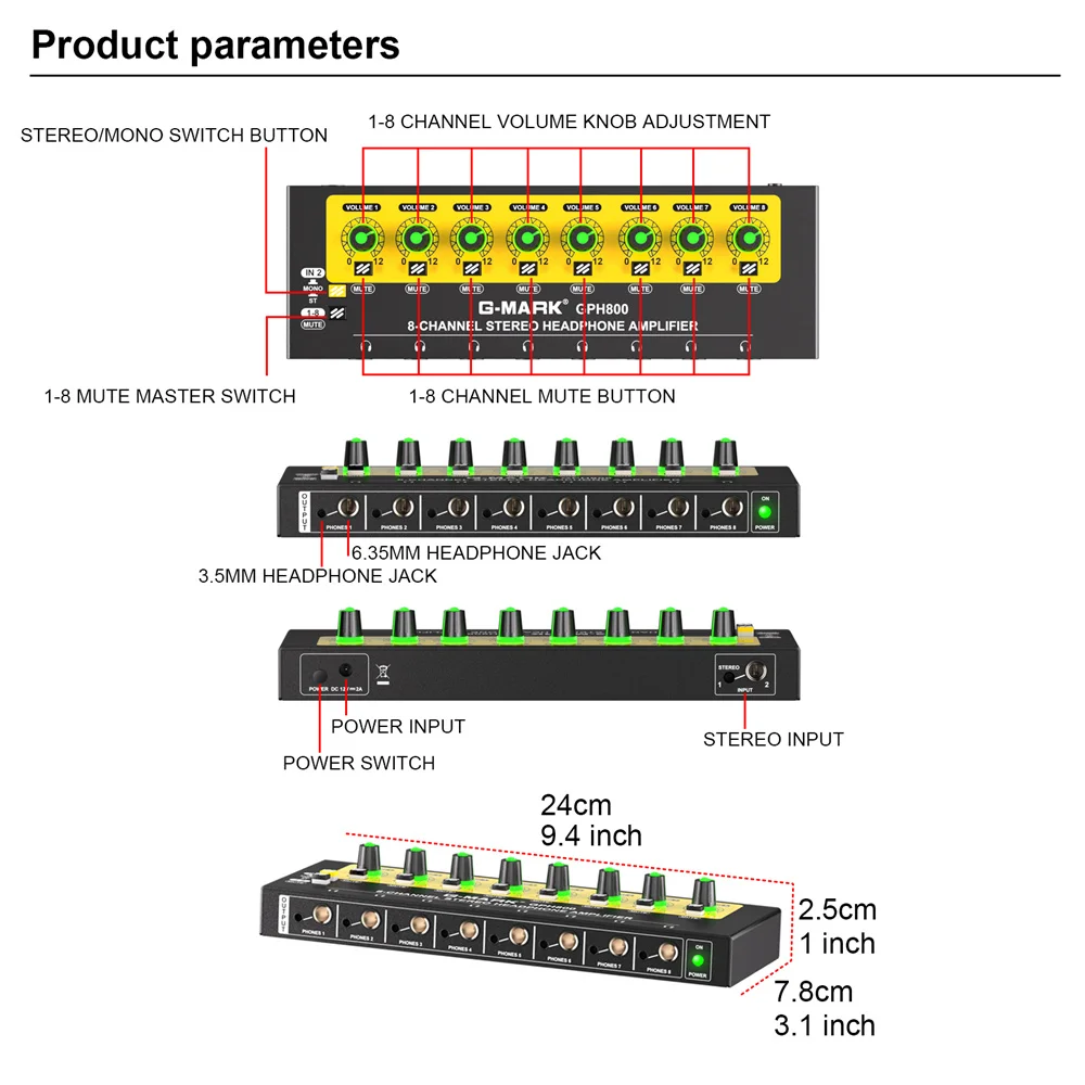 Headphone Amplifier 8 Channels G-MARK GPH800 Stereo/mono Amplifier Stereo Headphone Amplifier With Power Adapter Audio Upgrade