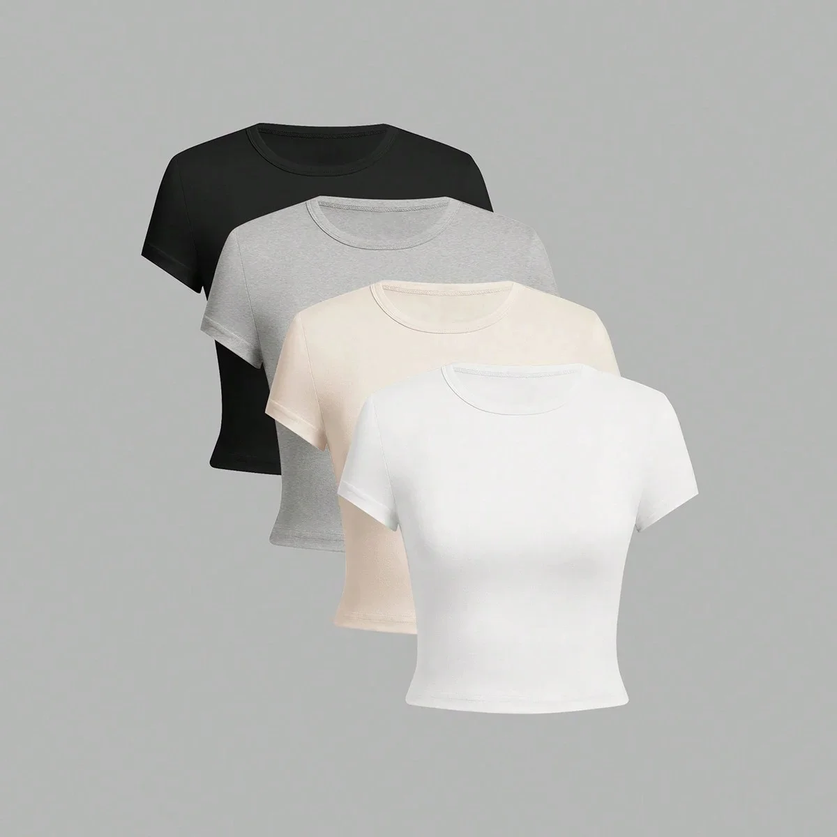 4-częściowy, jednokolorowy, podstawowy, obcisły T-shirt z krótkim rękawem dla kobiet, swobodny, letni, minimalistyczny, koreański styl, pełny top, dekolt w kształcie litery "o" — zdjęcie 2