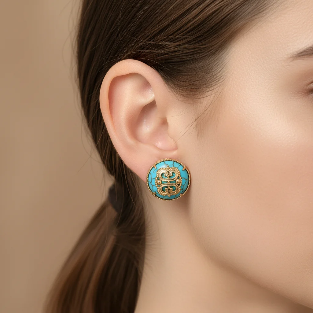 

Vintage Turquoise Stud Earrings for Women - 18K Gold Plated Round Ethnic Jewelry Elegent Birthday Daily Female Ear Charm