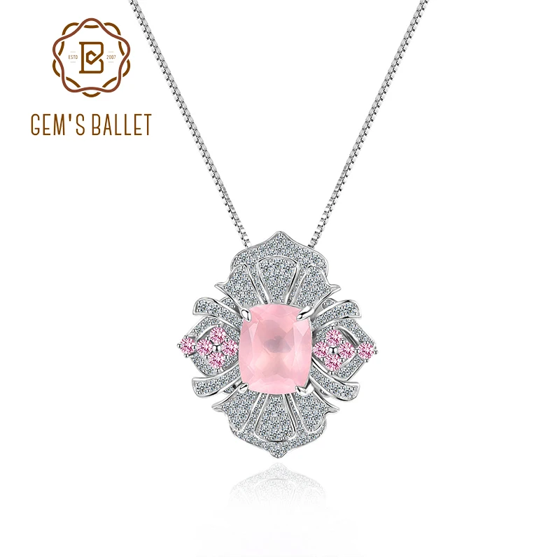 GEM'S BALLET 925 Sterling Silver Flower Luxury Necklace Nautral Rose Quartz Bridal Statement Necklace Pendant Gift for Her