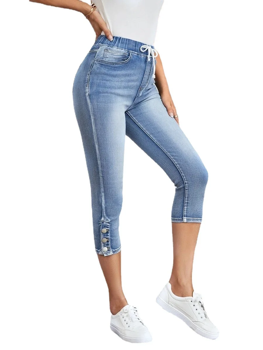 2023 été femmes longueur mollet jean mode Skinny haute commissionnée taille élastique Denim crayon pantalon décontracté Slim Jeans S-2XL