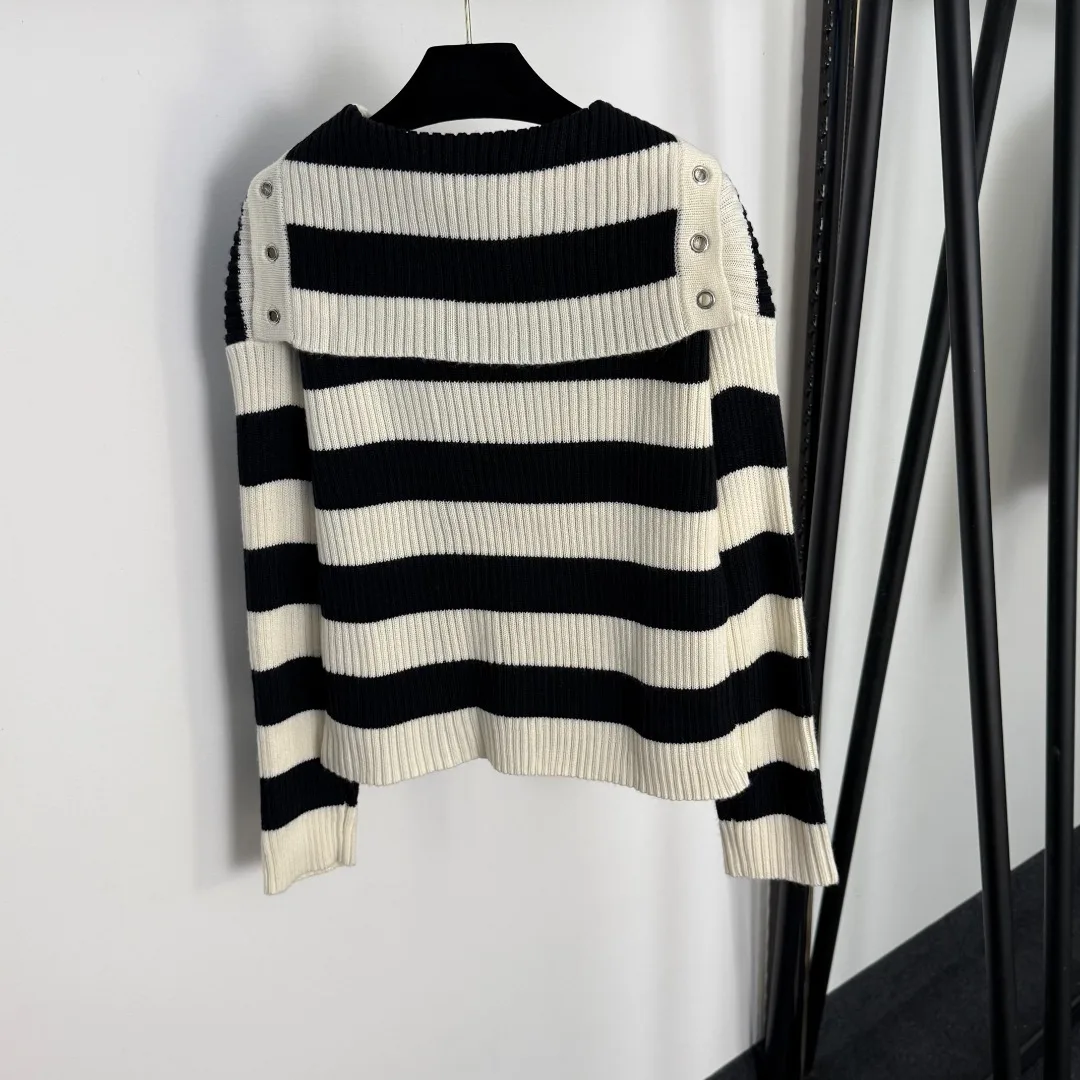 

2025 sweater striped wool New Navy collar two-tone striped long-sleeved wool knitted sweater top, off-white