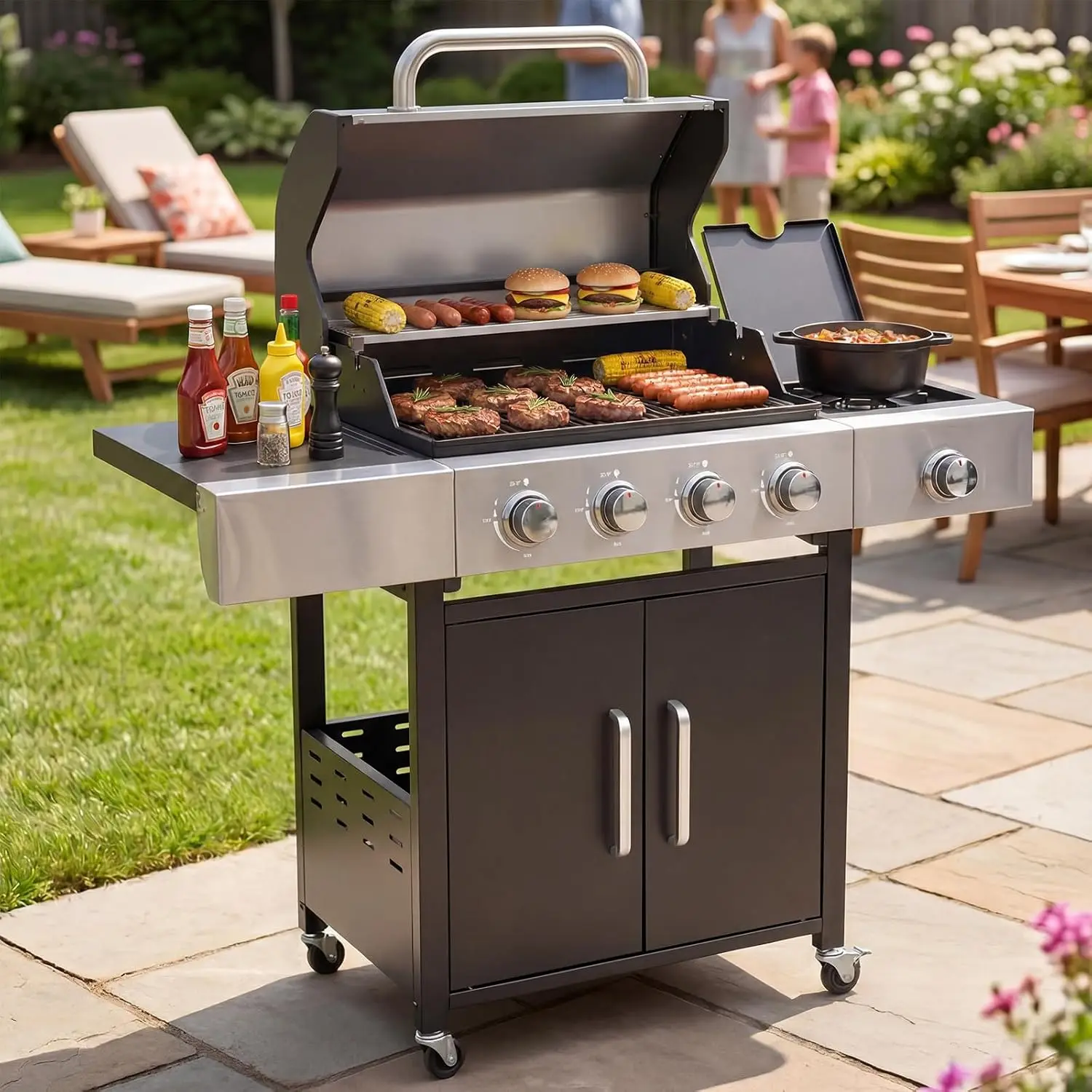 4-Burner 49000 BTU Propane Grill with Side Burner, Black  Stainless Steel Gas Grill, Heavy-Duty Cooking Grates & Side Tables for Backyard Patio Camping