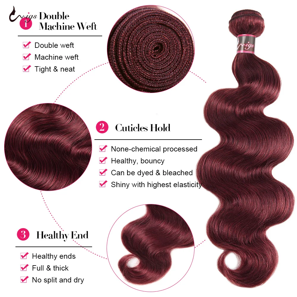 99j Body Wave Bundles Brazilian 100% Human Hair Extension Colored Burgundy Wavy Hair Red Remy Hair Weaves For Black Woman