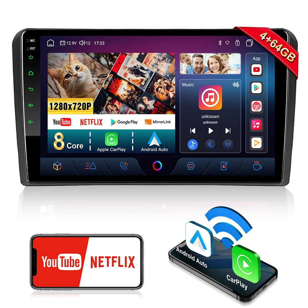 Autoradio Android 9 pouces pour Audi A3 8P (2003-2012) S3 Sportback |   CarPlay sans fil, Android Auto, DAB+, Navigation GPS, Commandes au volant |   Expédié depuis l'Allemagne