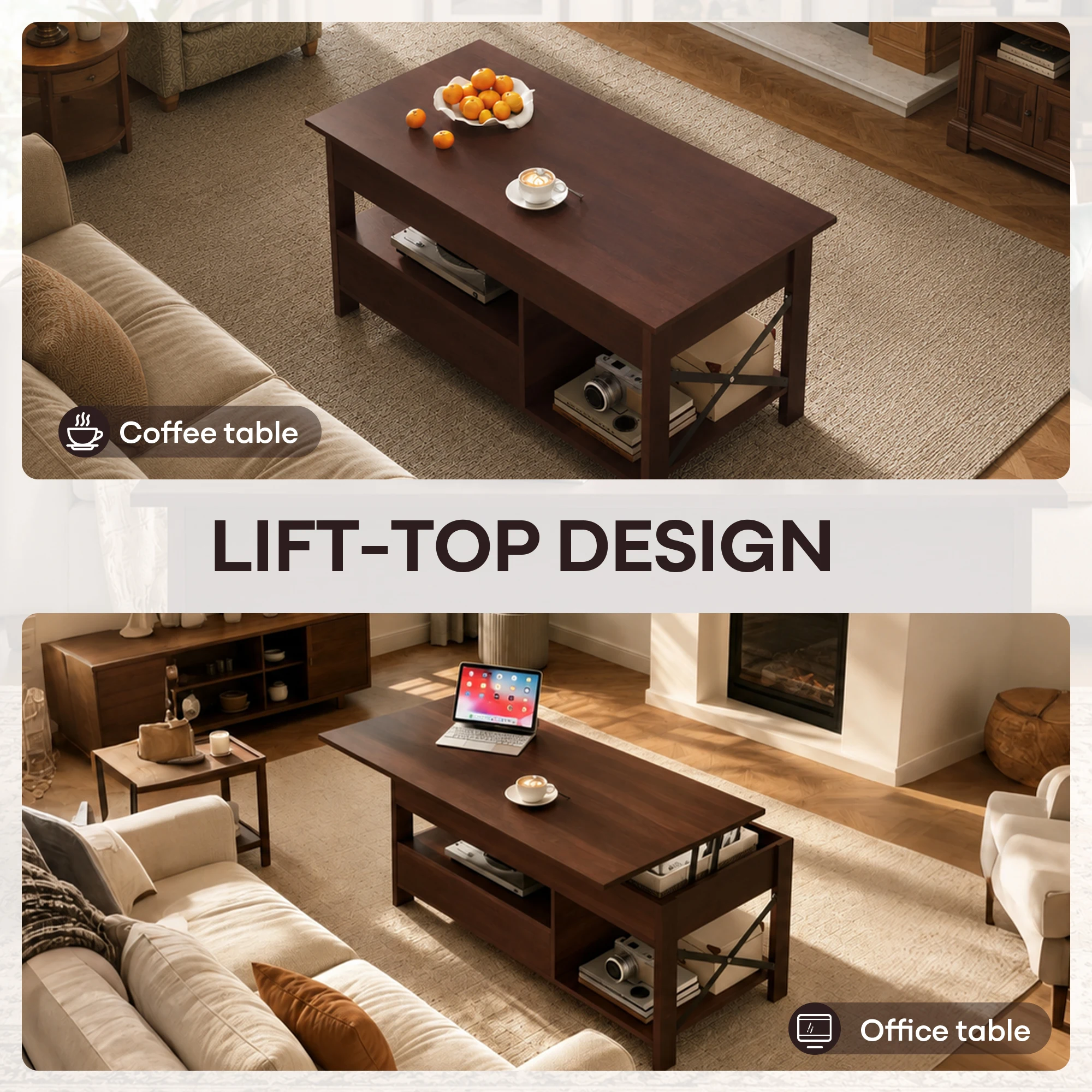 Mesa de centro con tapa elevable para sala de estar/comedor/oficina, color marrón |   Mesa de Centro de Madera Estilo Moderno Rústico