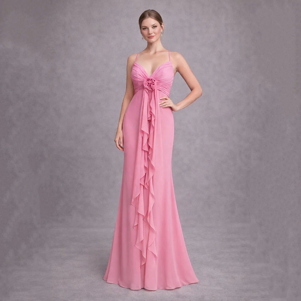 

Msikoods Luxury Spaghetti strap Sexy Prom Dresses Pink 3D Flower Ruched Women Wedding Party Dress Formal Evening Gown