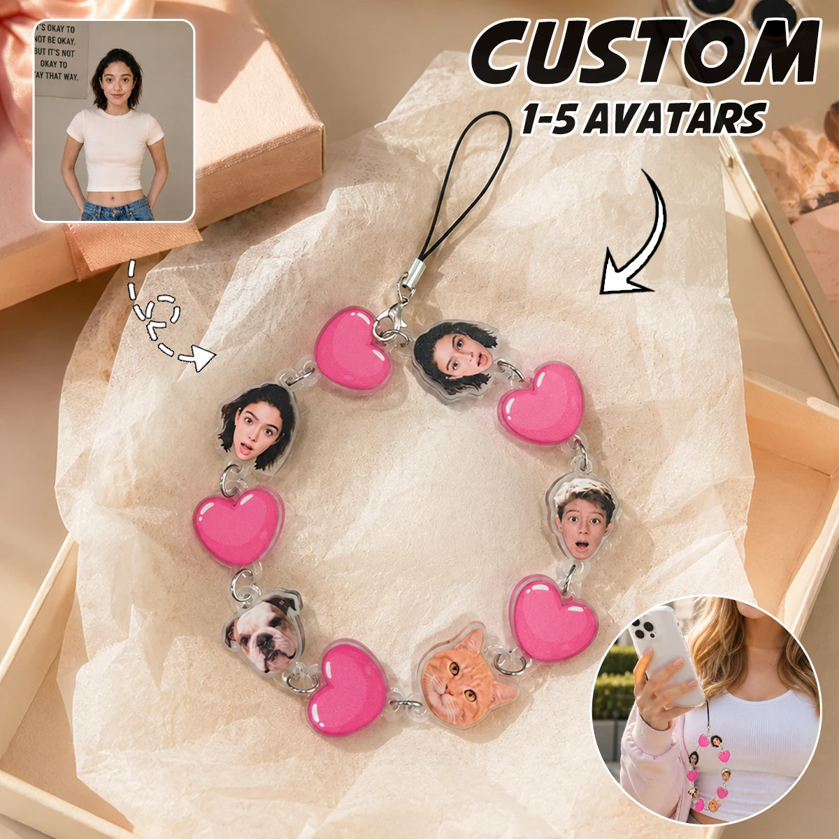 Custom Avatar Phone Charm, Cute Y2K Personalized Wrist Phone Strap Bracelet for Cell Phone, Bag And Daily Use.