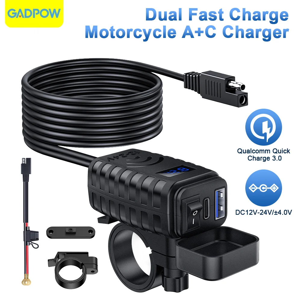 

Gadpow Motorcycle Mobile Phone Charger Waterproof and Dustproof Black Intelligent Fast Charging with Voltage Display