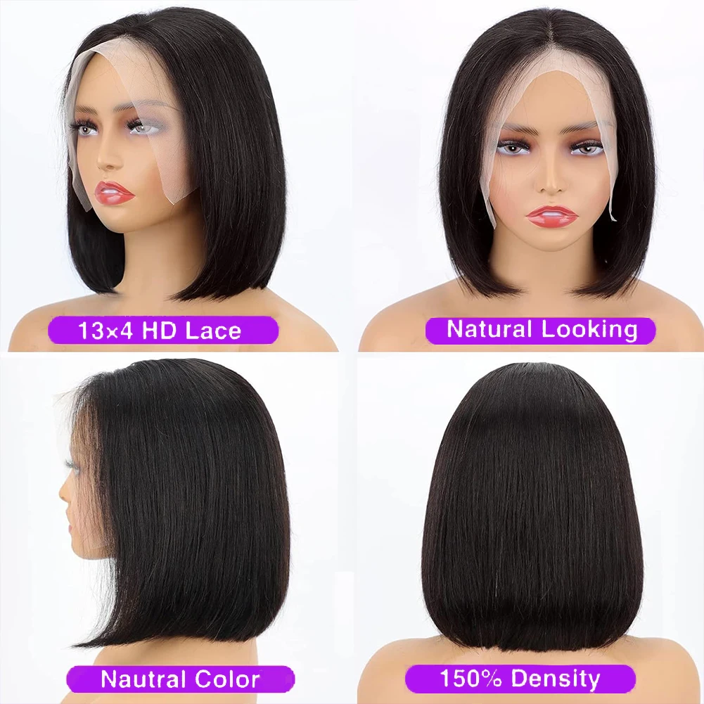 Peruca reta Bob para mulheres negras, cabelo humano, frente de renda, pré-arrancada, preto natural, pré-arrancada, densidade de 200%, 1B, 13x4