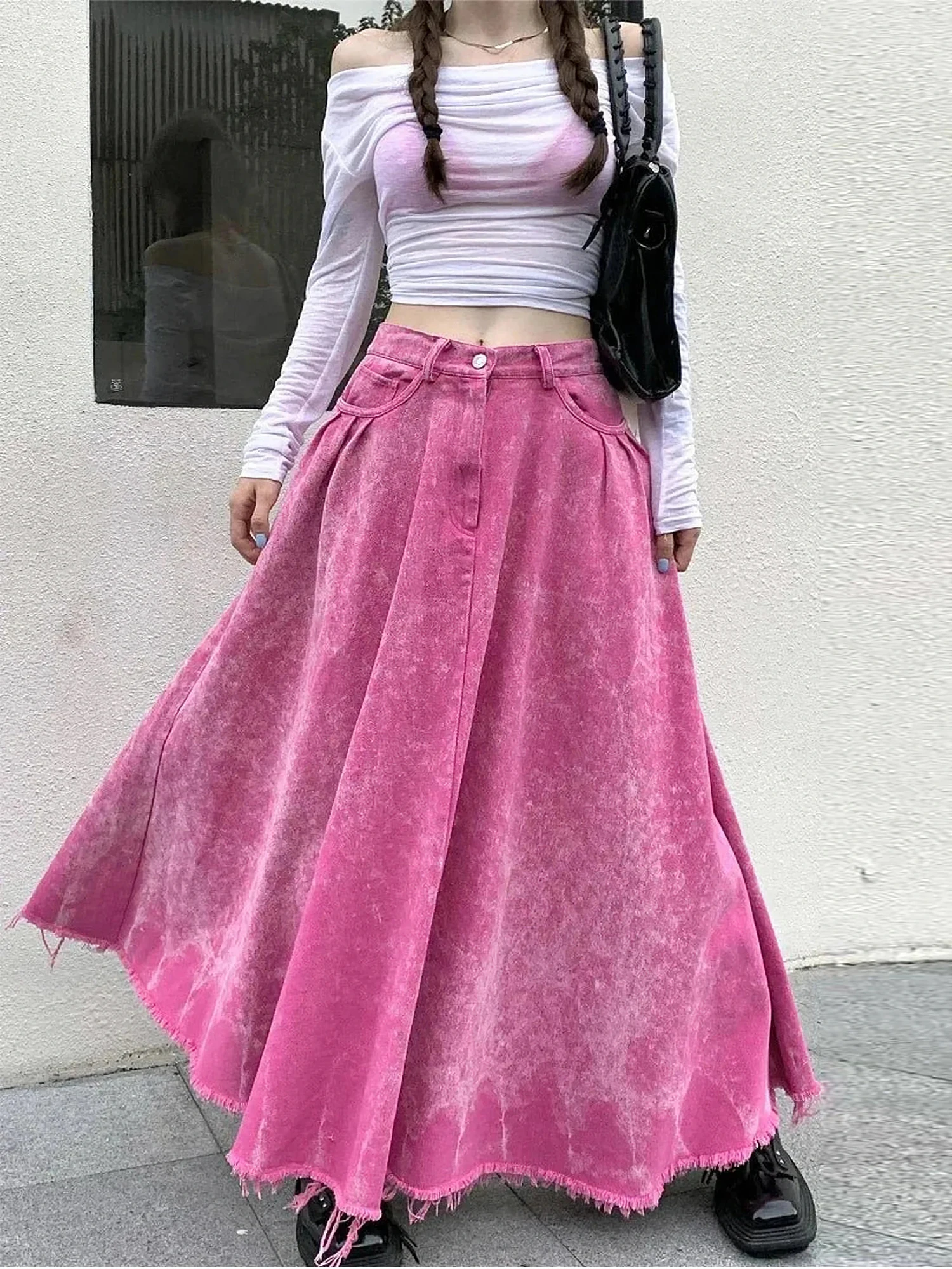 Women Pink Washed 100% Cottton Denim Pleated Maxi Long Skirt Frayed Raw Hem Pockets Vintage Casual Flared Jean Skirt Street Wear
